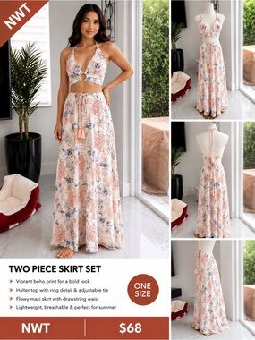 Boho Halter Two-Piece Maxi Skirt Set - Peach Multi